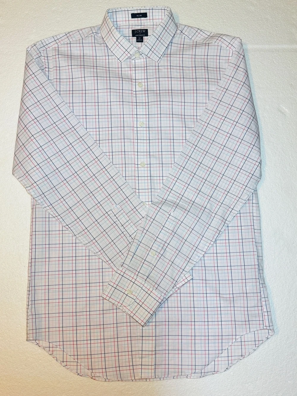 J. Crew Performance Slim Men’s White Shirt with Blue and Red Windowpane Check